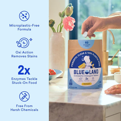 BLUELAND 100% Plastic-Free Dishwasher Detergent Tablets, 60 Count, Free & Clear, Eco-Friendly Dishwashing Pods, Natural, USDA Certified biobased
