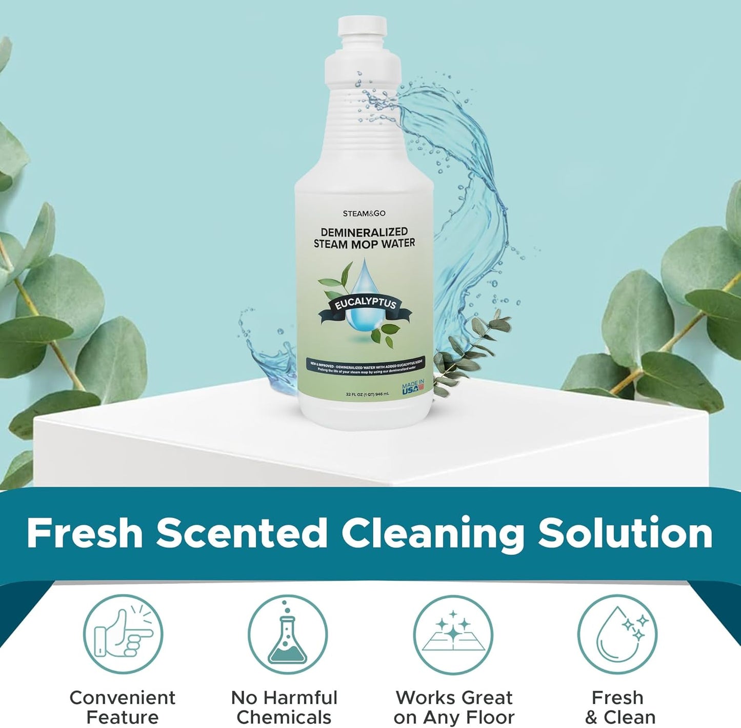 Steam & Go - Demineralized Water for Steam Cleaner, PVC-Free Floor Cleaner Liquid Compatible with Any Steam Mop, Ready-to-Use Multisurface Cleaner, Scented Mop Solution, Eucalyptus Mint, 32 oz
