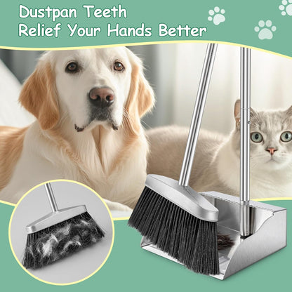 Metal Broom with Dustpan Combo Set-Long Handle Broom with Dustpan,Heavy Duty Standing Dust Pan & Soft Bristles Brooms,Indoor Outdoor Dust Pan Brooms for Home Office Lobby Floor