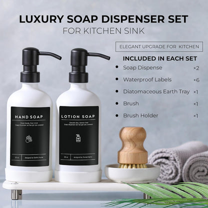 [Luxury] Kitchen Soap Dispenser Set - 16OZ Amber Glass Bottle, Stainless Steel Pump, Instant Dry Tray, Waterproof Labels, Non-Slip Silicone Pad, and Dish Brush | Upgrade for Your Kitchen and Bathroom
