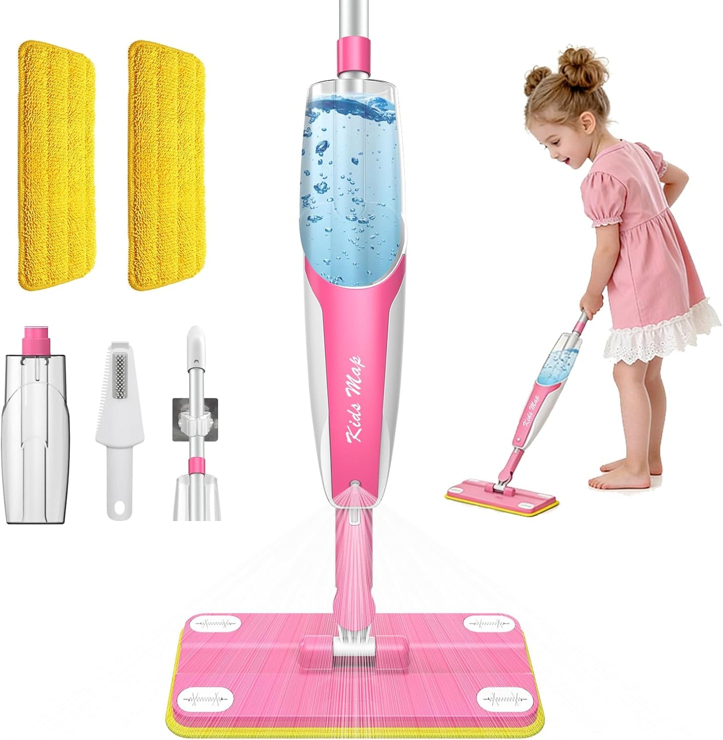 Kids Spray Mop - 30 Inch, 420ml Large Water Tank, Effective Cleaning Tool & Fun Montessori Toy, Pretend Play Housekeeping Set Toddlers Love (Magenta)