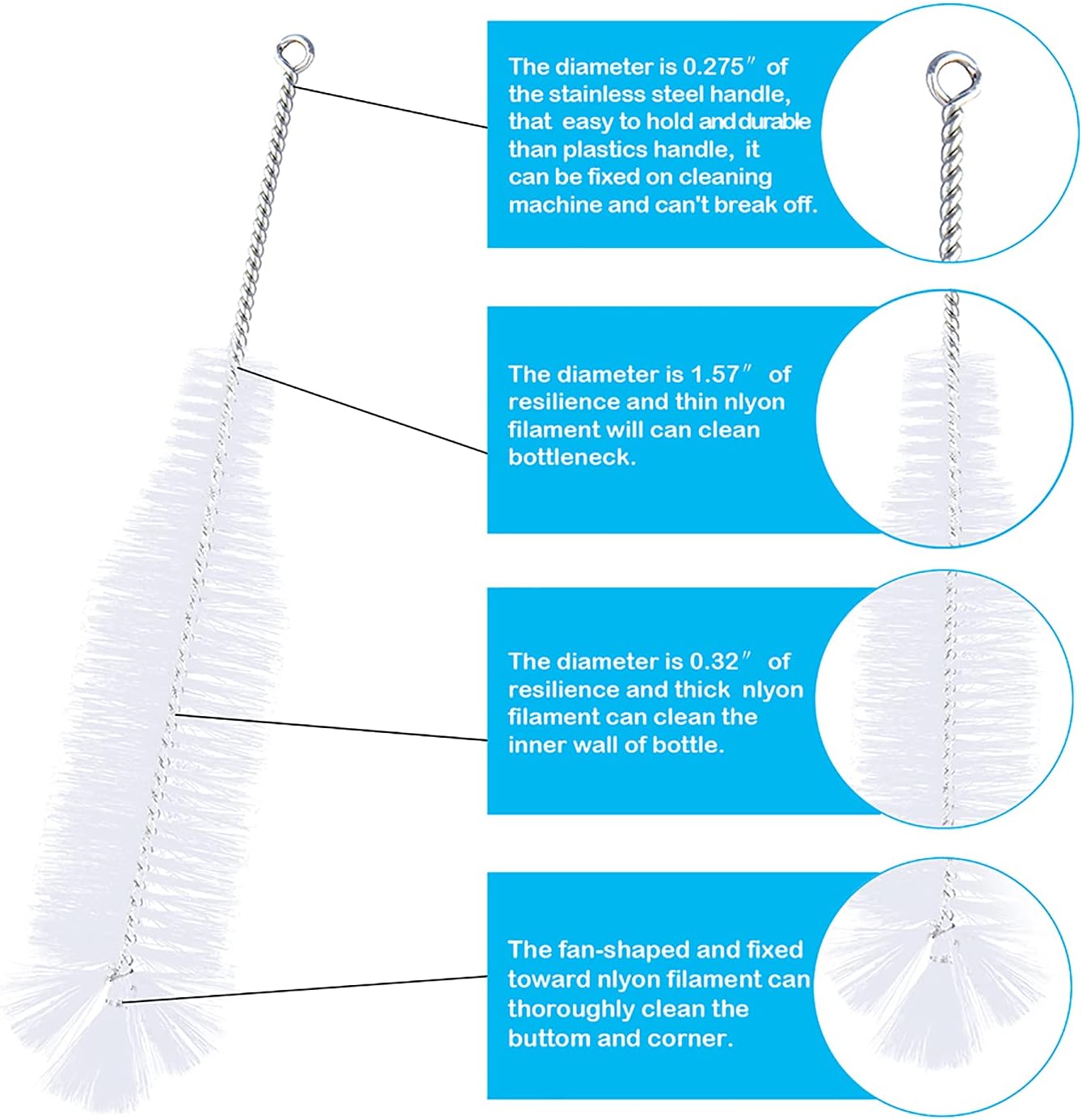 Bottle Brush - Ideal for Cleaning Narrow Neck Swing Top Glass, Brewing, Wine, Beer, Soda, Spray, Kombucha Bottles (White+1Pack)
