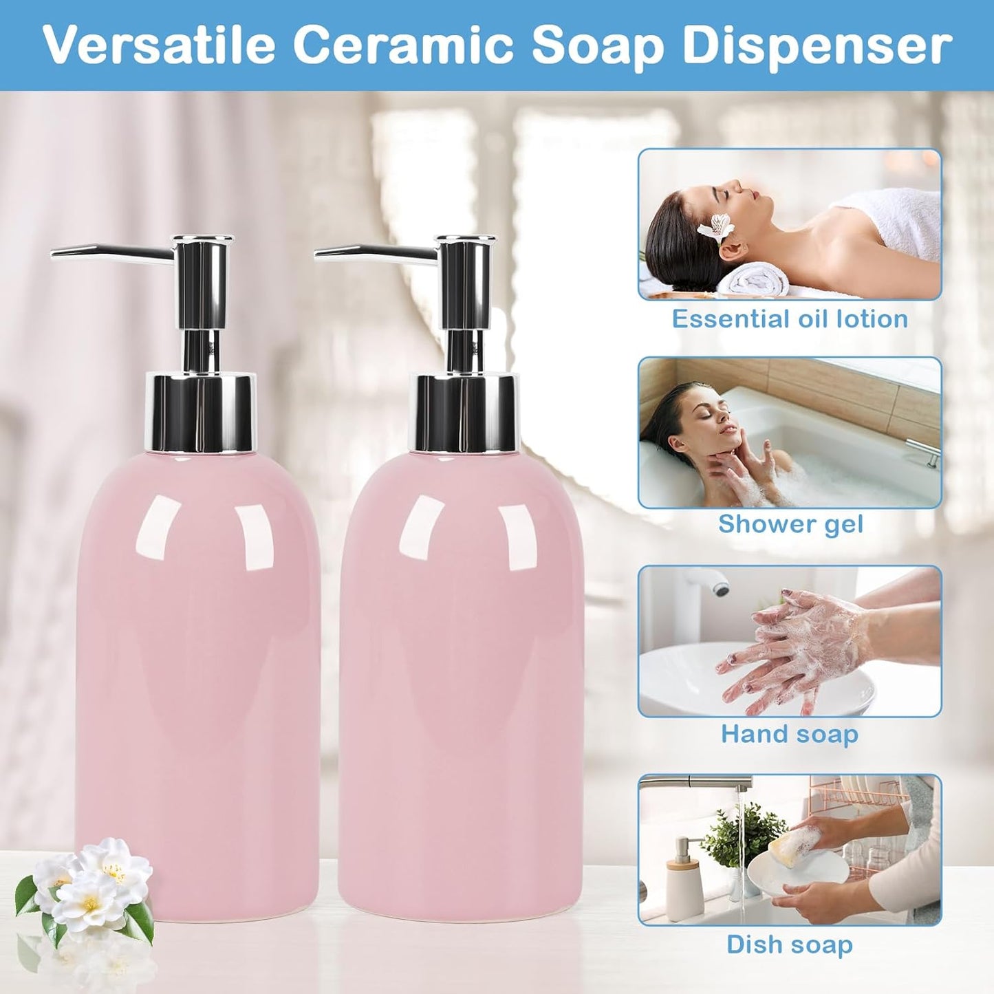Natheeph Dish Soap Dispenser, Hand Soap Dispenser Ceramic Bottle, Refillable Liquid Great for Kitchen Dish Soap, Hand Soap, Essential Oil & Lotion (Bright White)