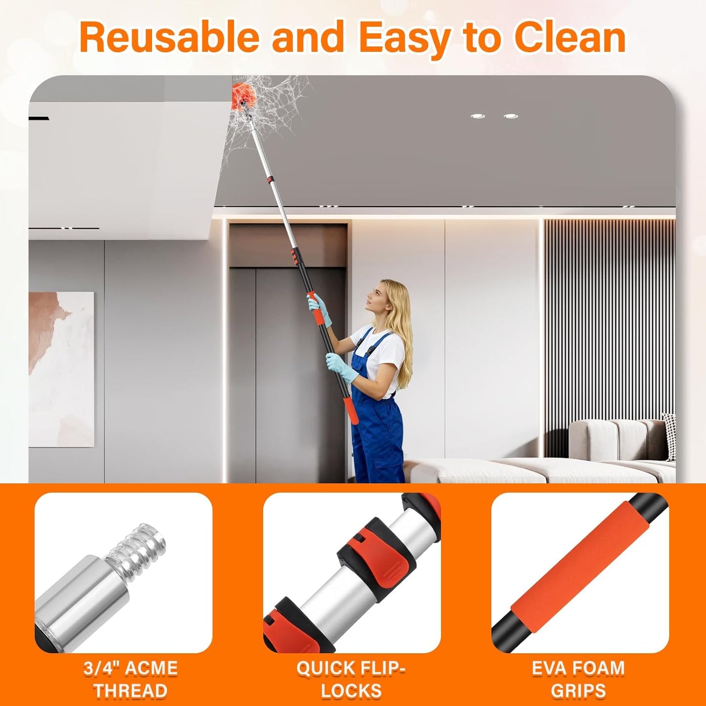26FT High Reach Duster with Extension Pole 5-20FT, 4-in-1 Cleaning Kit with Universal Swivel Joint | High Ceiling Fan Cleaner, Cobweb Duster & Window Squeegee for Safe High-Reach Cleaning