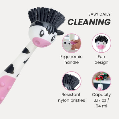 Vigar Felix Cat-Shaped Soap Dispensing Dish Brush, Dish Brush with Soap Dispenser for Pot Scrubber, Dishes, Sink, and Kitchen Essentials, Black, Gray