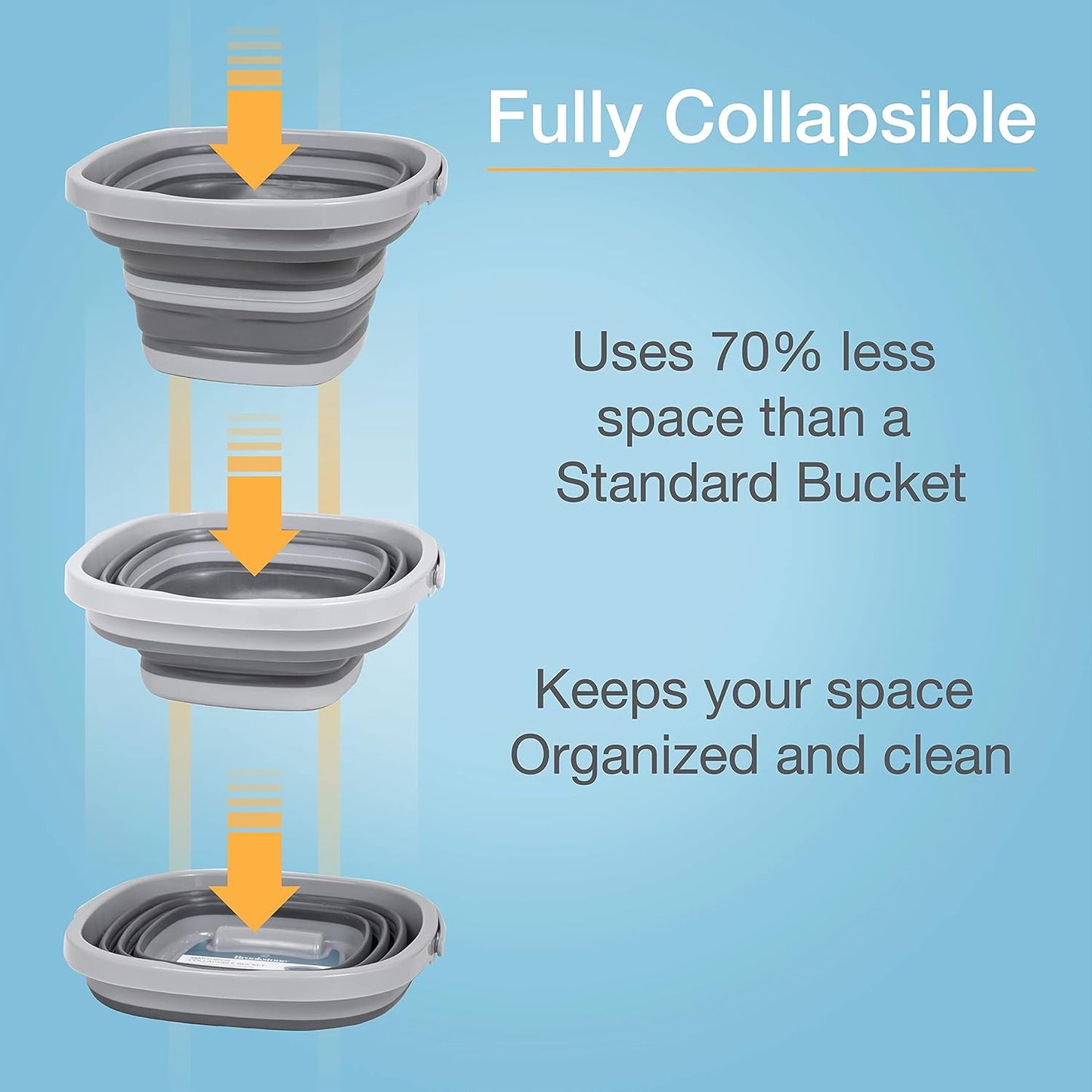 Brookstone Collapsible Bucket, Foldable Cleaning Bucket with Handle, Household Essentials Cleaning Basin and Dust Mop Bucket, Collapsible Wash Basin for Car Cleaning, [2.6 Gal. 10L] Square, Grey