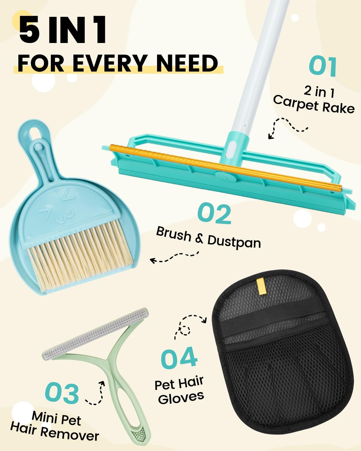 Carpet Rake for Pet Hair Removal - 5-in-1 Dual-Sided Rubber & Metal Carpet Scraper Tool with 60" Adjustable Handle, Cleaning Set for Dog and Cat Fur on Furniture, Short Pile Carpets, Rugs