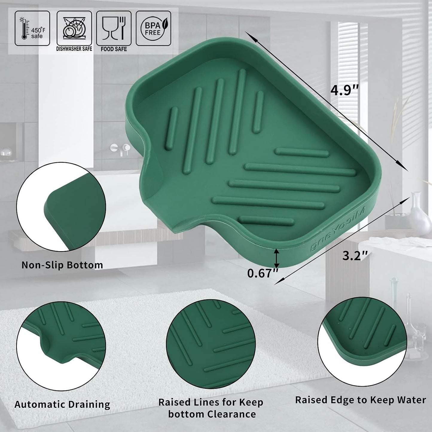 MicoYang Silicone Bathroom Soap Dishes with Drain Spout-Bathroom and Kitchen Sink Organizer,Sponge Holder,Dish Soap Tray,Perfect for Dispenser,Scrubber,Bottle,Cup on Sink or Counter-Black 4.9"×3.2"