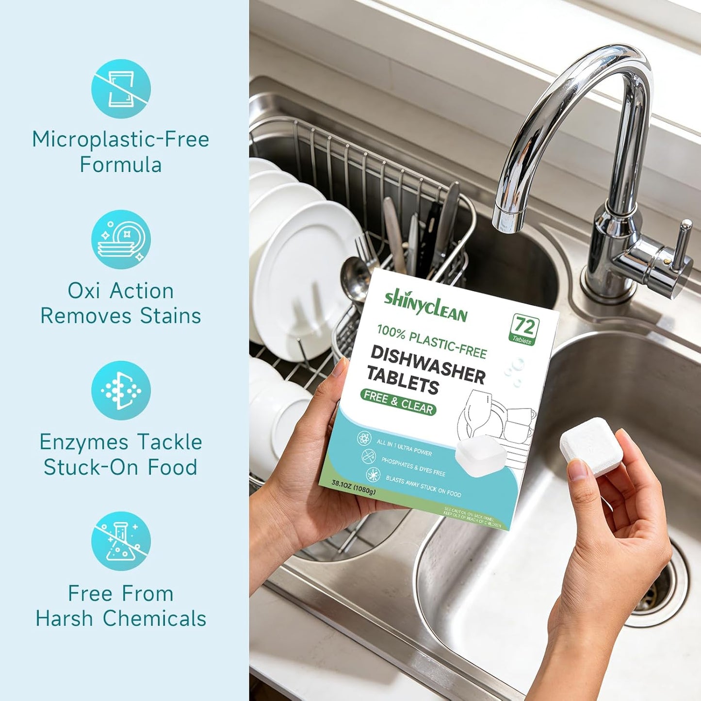 100% Plastic-Free Dishwasher Detergent Tablets, 32 Count, Free & Clear, All-in-One Dishwashing Pods, Enzyme-Powered for Stuck-On Food, Phosphate & Dye Free, Residue-Free Sparkling Shine