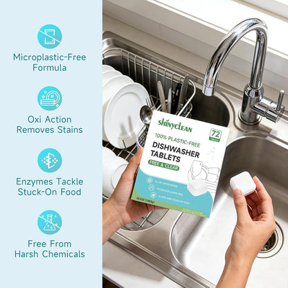 100% Plastic-Free Dishwasher Detergent Tablets, 32 Count, Free & Clear, All-in-One Dishwashing Pods, Enzyme-Powered for Stuck-On Food, Phosphate & Dye Free, Residue-Free Sparkling Shine