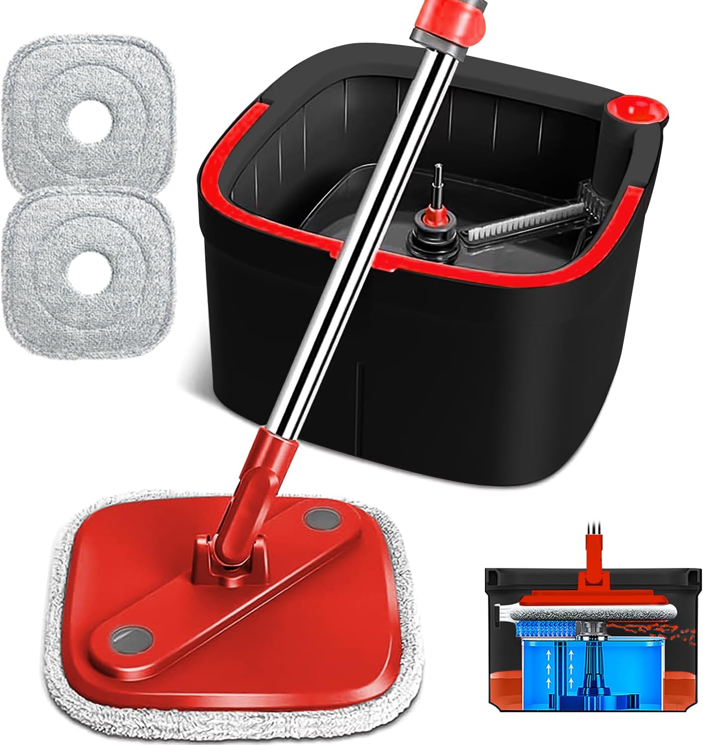 Spin Mop and Bucket Set with Self Separation Dirty and Clean Water System Self Wringing 360° Rotating Clean Mop-Head for Hardwood Tile Marble Floors (Mop Set with 6 Pads)-Grey
