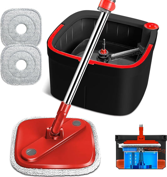 Spin Mop and Bucket Set with Self Separation Dirty and Clean Water System Self Wringing 360° Rotating Clean Mop-Head for Hardwood Tile Marble Floors (Mop Set with 6 Pads)-Grey