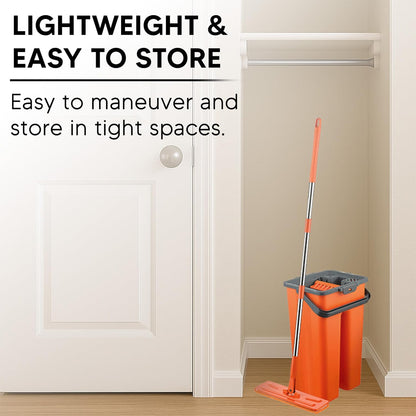 Macromax Flat Mop and Bucket Set – 100% Microfiber Mop with Dual Wet & Dry Use – Slim Design for Corners & Under Furniture – Easy-Squeeze Bucket for Hardwood, Tile & Laminate Floors