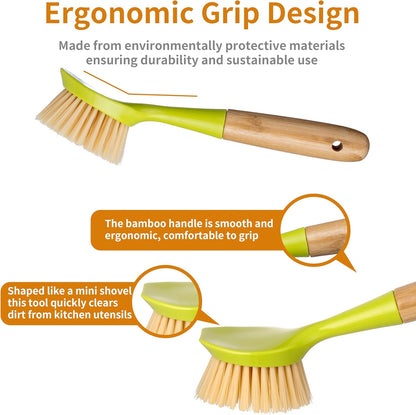 2 Pack Kitchen Dish Brush Bamboo Handle Dish Scrubber Built-in Scraper, Scrub Brush for Pans, Pots, Kitchen Sink Cleaning, Dishwashing and Cleaning Brushes are Perfect Cleaning Tools, White