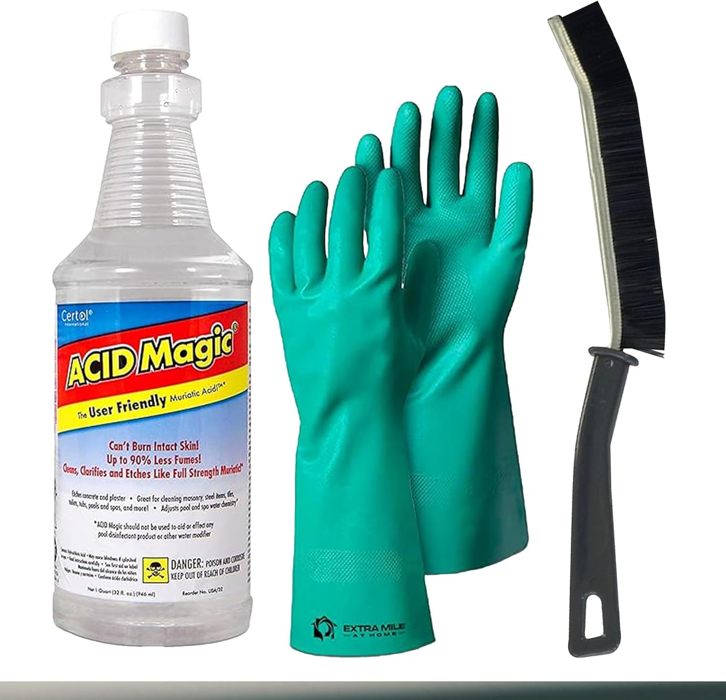Acid Magic 32 oz Grout Cleaner Bundle with Heavy-Duty Gloves & Grout Brush - 3 Items - Shower Tile Cleaner Removes Limescale, Calcium & Buildup on Swimming Pools and Floors