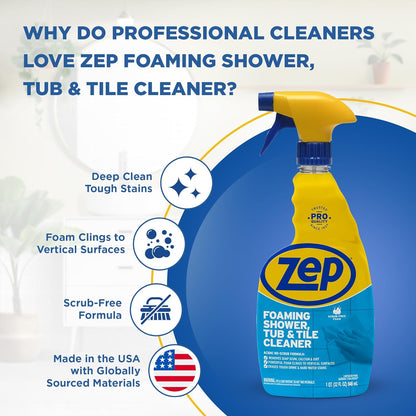 Zep Foaming Shower Tub and Tile Cleaner - 32 oz (Case of 4) ZUPFTT324 - No Scrub Formula, Breaks up Tough Buildup on Contact