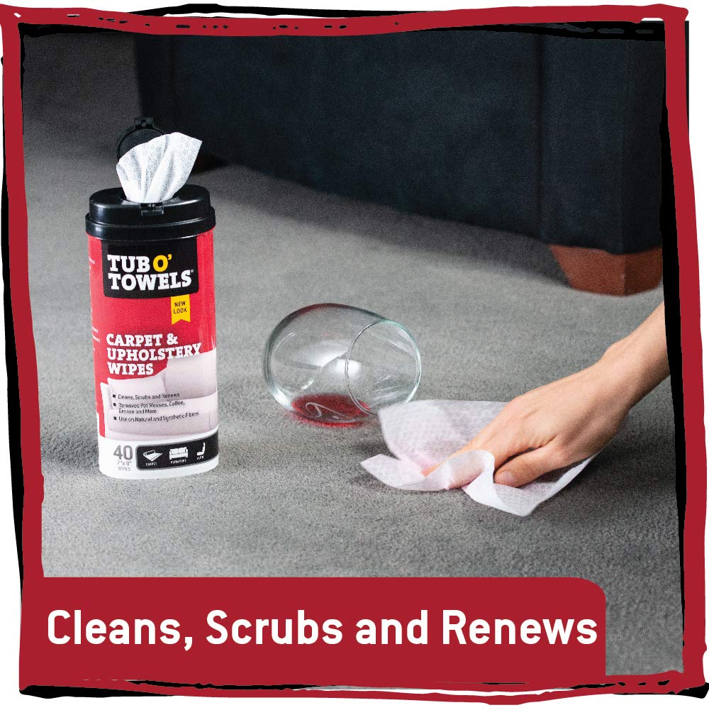 Tub O' Towels Carpet, Rug, and Upholstery Cleaning Wipes - Extra Strength Stain Remover, Odor-Fighting Power, Safe on Natural & Synthetic Fibers, 40-7” x 8” Wipes Per Tub, 2-Pack, Light Citrus Scent