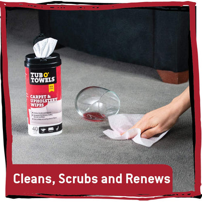 Tub O' Towels Carpet, Rug, and Upholstery Cleaning Wipes - Extra Strength Stain Remover, Odor-Fighting Power, Safe on Natural & Synthetic Fibers, 40-7” x 8” Wipes Per Tub, 2-Pack, Light Citrus Scent