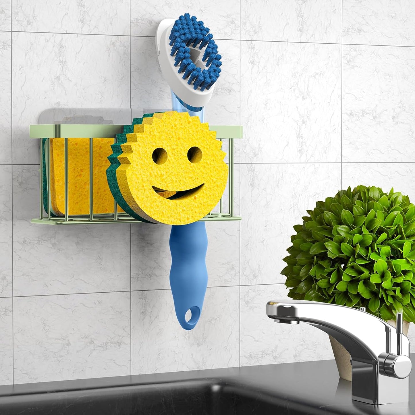 MURLONG Sponge Holder Smiley Face, Sink Caddy for kitchen Sink, Kitchen Organizer Sponge Holder with 2 PCS Suction Cups/1 PCS Adhesive Strips, Designed for Sponge, Soap, Dish brush, Scrubber-Black
