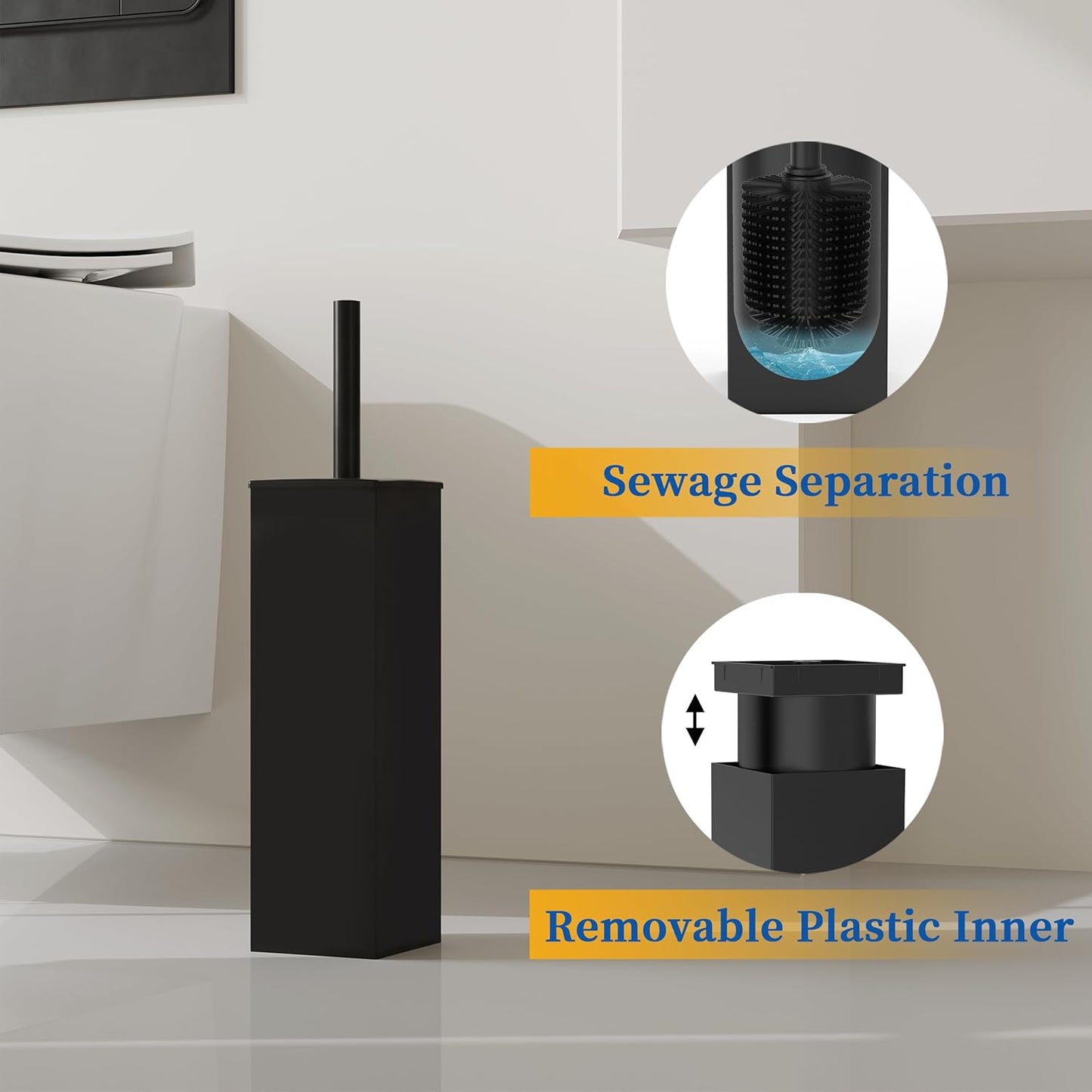 RUACQ Toilet Brush and Holder Set,Square Toilet Bowl Brush for Bathroom with 304 Stainless Steel Handle Toilet Cleaner Brush with Durable Scrubbing Bristles,Splash-Proof (White)