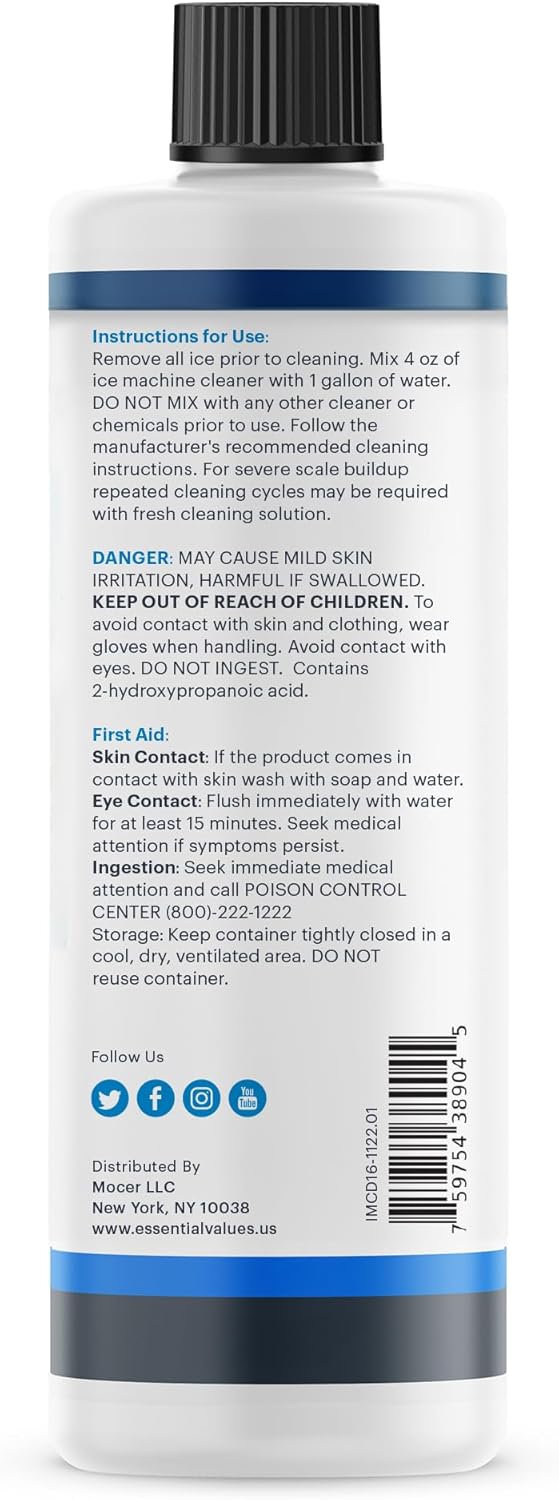 Essential Values 32 uses Ice Machine Cleaner (Gallon / 3.78), Descaler | Ice Maker Cleaner Compatible with: Whirlpool 4396808, Manitowac, Ice-O-Matic, Scotsman, Follett & More!