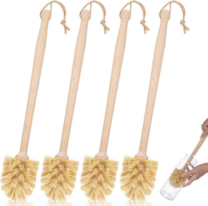 Kifmurase 4PCS Bottle Brush Cleaner, Natural Wood Dish Scrub Brush with Sisal Bristles for Cleaning Bottles Mugs Jars Glasses Dishes Vases, 13.6 x 2.6 Long Handle Non-Scratch Cup Brushes