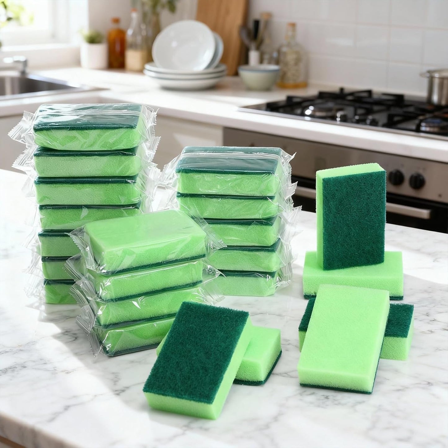 Tioncy 100 Pcs Individually Wrapped Sponges Kitchen Bulk Blue Dish Non Scratch Scrub Sponges Dual Sided Cleaning Dish Scrubber for Washing Dishes, Pots, Pans, Sinks, Stoves, Appliances, Car, Bike