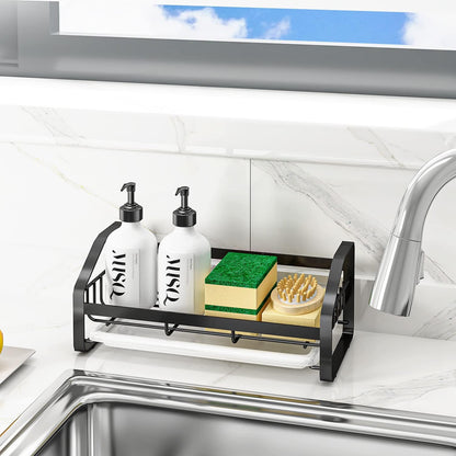 BSKSSK Sink Caddy, Sponge Holder for Kitchen Sink, Bathroom Sink Organizer, 304 Stainless Steel Kitchen Countertop Organizer Soap Tray with Removable Drain Tray-Black