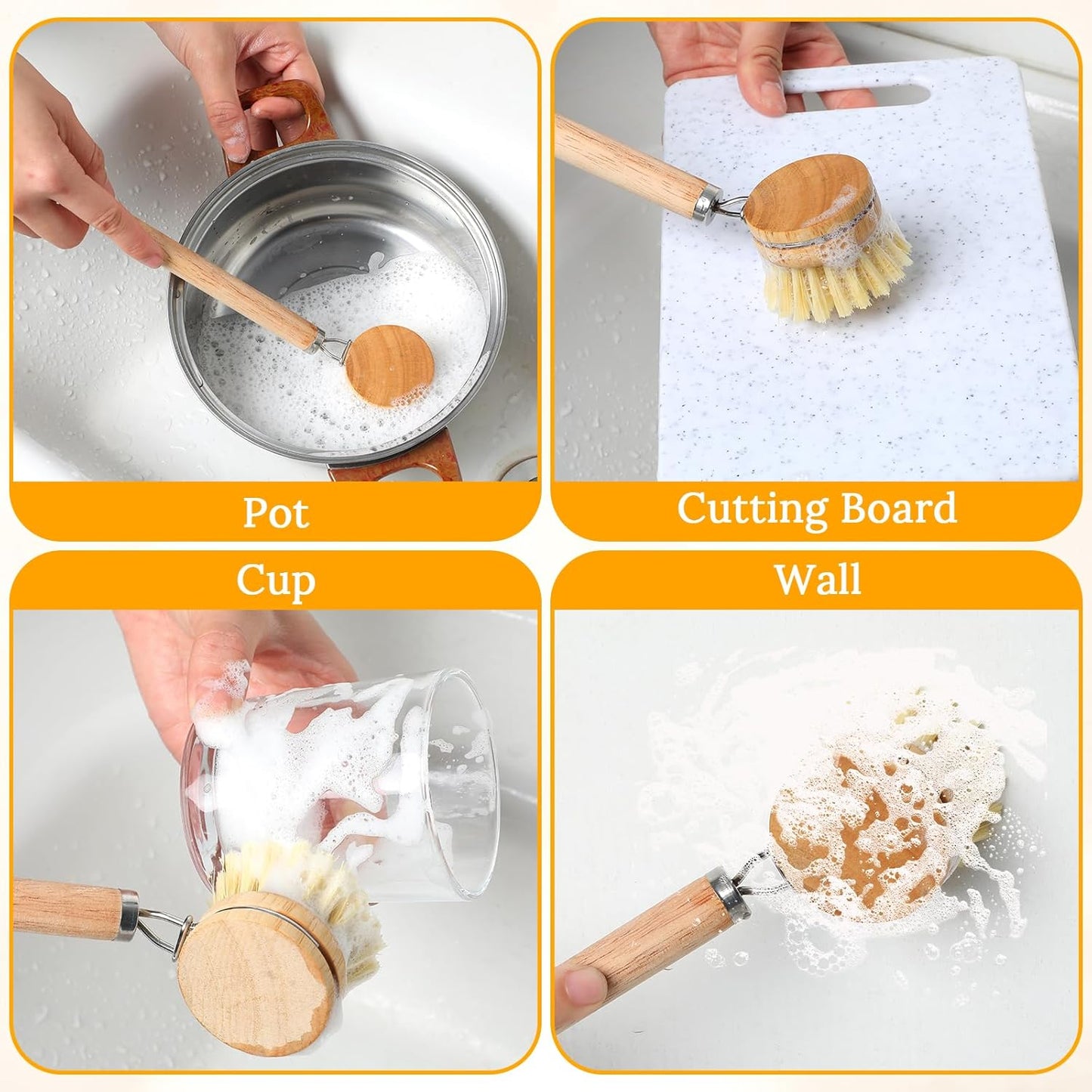12-Piece Wooden Kitchen Dish Brush Set with One Bamboo Handle & 11 Replacement Heads, Natural Fiber Scrubber for Pots Pans Bottles Vegetables Cleaning