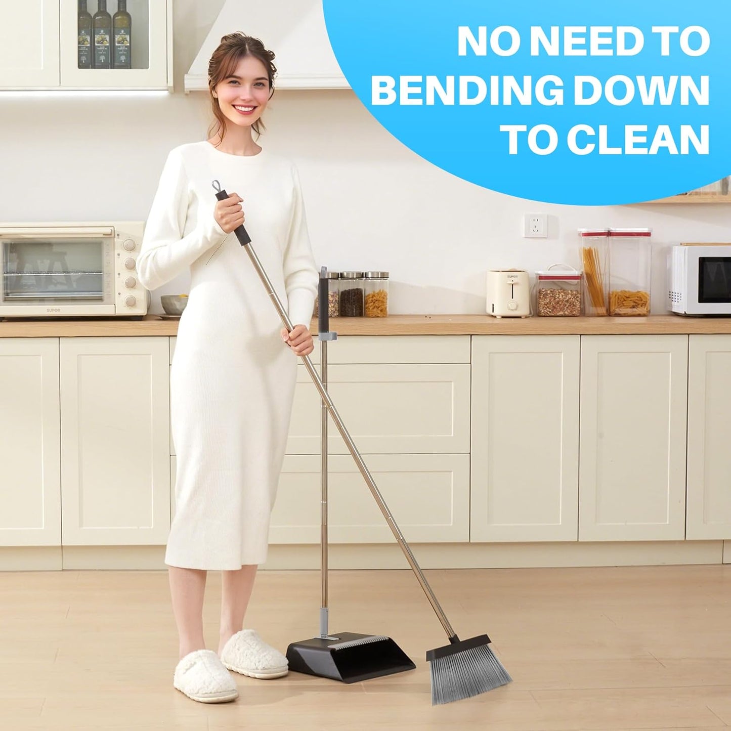 JOYMOOP White Broom and Dustpan Set, Upright Angle Design with Built-in Comb Teeth for Kitchen, Office, Pet Hair, Hard Floors