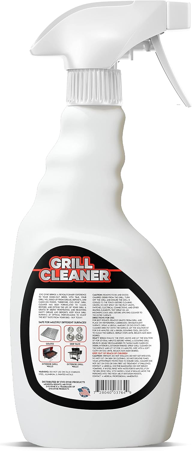 Evo Dyne Grill Cleaner Spray (32 oz), Made in USA - Quickly Cleans BBQ Burnt-on Foods and Grease from Grill Grates - Heavy Duty, Fast-Acting Formula, Less Scrubbing - Food Safe Grill & Oven Degreaser