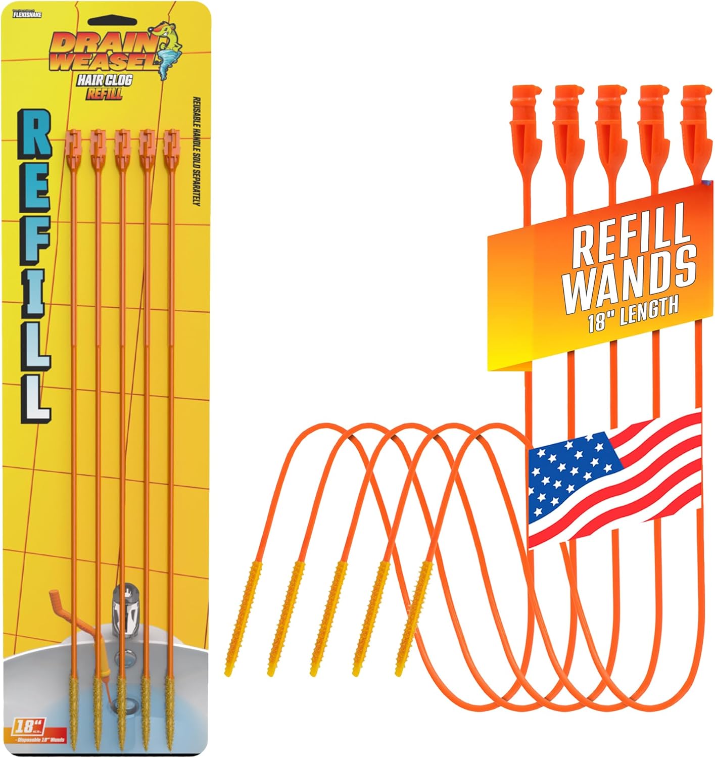FlexiSnake Drain Weasel Refill - Sink Snake Hair Clog Remover Tool, Sink, Pipe, Bathroom, Bathtub Drain Cleaner, 18-inch Long Flexible Disposable Wands, Made in The USA, 5 Pack
