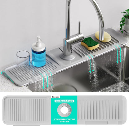 24 Inch Longer Faucet Mat for Kitchen Sink, 5° Slope Fast Self-draining, Kitchen Sink Splash Guard Silicone Sink Faucet Mat Splash Guard Kitchen Sink Area Tidy Splash Faucet Guard Draining Mat