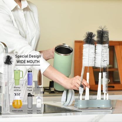 ALINK 8 Pack Black Bottle Brush Cleaning Set with Stand, Long Handle Bottle Cleaner with Holder for Narrow Neck Beer Wine Brewing Bottles, Stanley Water Bottles, Baby Bottles, Tumblers, Carafe, Straws