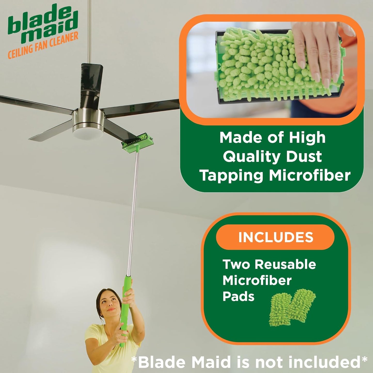 Blade Maid Ceiling Fan Blade Cleaner & Duster | Extendable Pole for High Ceilings, Moldings, Blinds, Walls & Cars, Corner Cleaning Tool, with Reusable Microfiber Pads | Size 3 feet (Pack of 1)