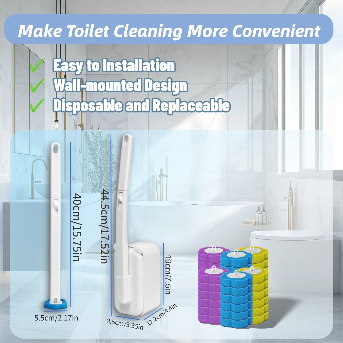 Disposable Toilet Brush,Toilet Bowl Brush with Holder,36 Refills Toilet Bowl Cleaner,Toilet Cleaning Supplies,Wall Mounted Toilet Wand Brush Kit for Cleaning and Bathroom Maintenance