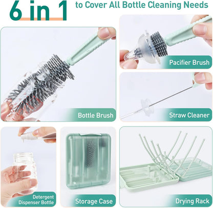 Baby Bottle Brush Set, 6-in-1 Travel Bottle Cleaner Kit with Silicone Bottle Brush, Nipple & Straw Brush, Soap Dispenser, Drying Rack, Storage Box – Compact Baby Travel Essential for Home & On-The-Go