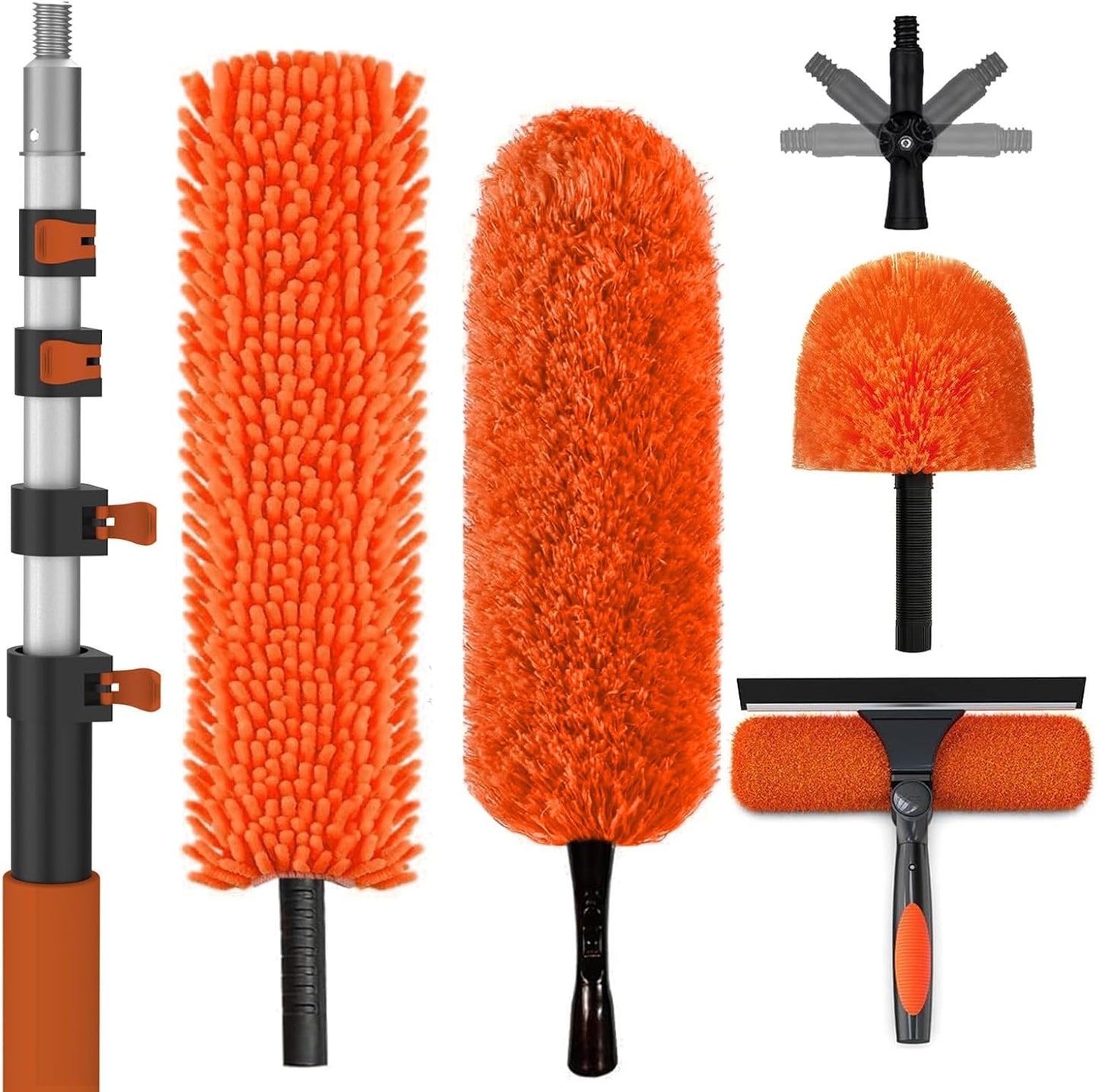 SISUPASSIE 30FT Reach High Ceiling Duster Kit, Window Cleaning kit with 5-24FT Extension Pole, Fan Duster for Ceiling Fan Blades, Microfiber Feather Duster, Rotatable Window Squeegee and Cobweb Duster