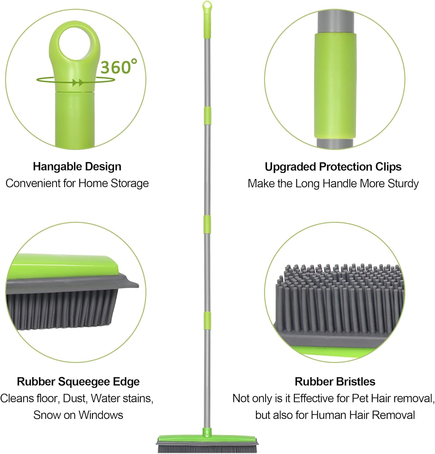 LandHope Carpet Rake for Pet Hair Remover Long Handle with Squeegee, Rubber Broom Carpet Brush Non Scratch Bristles Fur Remover Indoor Outdoor Push Broom for Cat Dog Hair Hardwood Tile Windows Clean