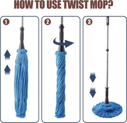 Eyliden Mop with 2 Reusable Microfiber Heads, Easy Wringing Twist Mop, 57.5 inch Long Handle, Wet Mops for Floor Cleaning, Commercial Household Clean Hardwood, Vinyl, Tile, and More (White)