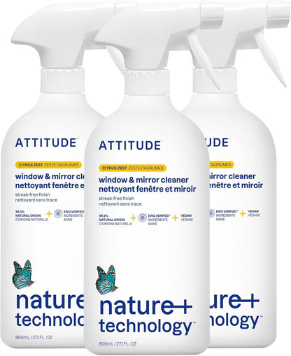 ATTITUDE Window and Mirror Cleaner, EWG Verified, Plant- and Mineral-Based Ingredients, Vegan and Cruelty-free Household Products, Citrus Zest, 27.1 Fl Oz
