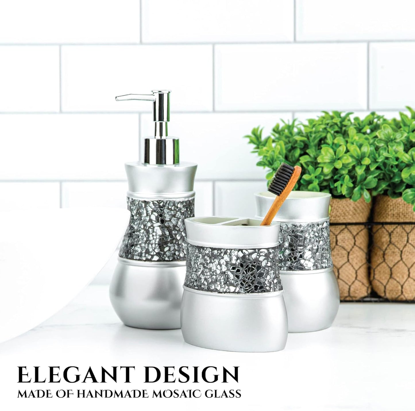 Creative Scents Crackled Glass Toilet Brush with Holder - Silver Toilet Bowl Cleaner Brush and Holder - Good Grip, Deep Cleaning, Decorative Design Compact Toilet Bowl Scrubber
