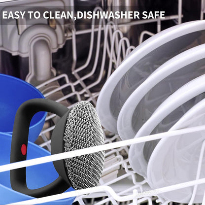 Cast Iron Cleaner Scrubber with Heavy Duty Handle, 3mm Welded Chain Mail Scrubber for Pan Pot Cleaning - Small Ring Chainmail Scrubber Metal Scrub Sponge Skillet, Oven, Griddle, Wok Brush