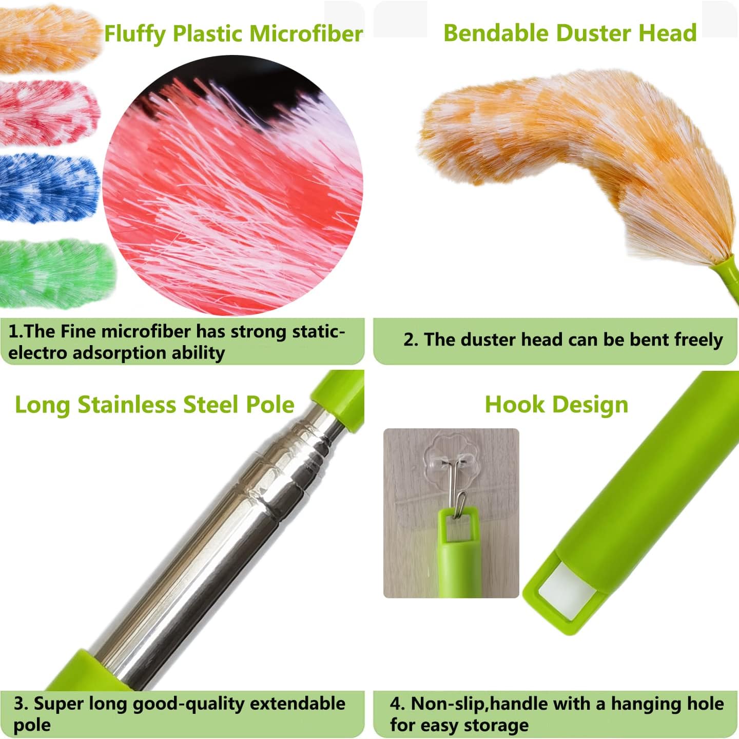 4 Pack Washable Electrostatic Duster, Extendable Pole 25" to 55", Feather Duster for Cleaning, Electrostatic Feather Duster