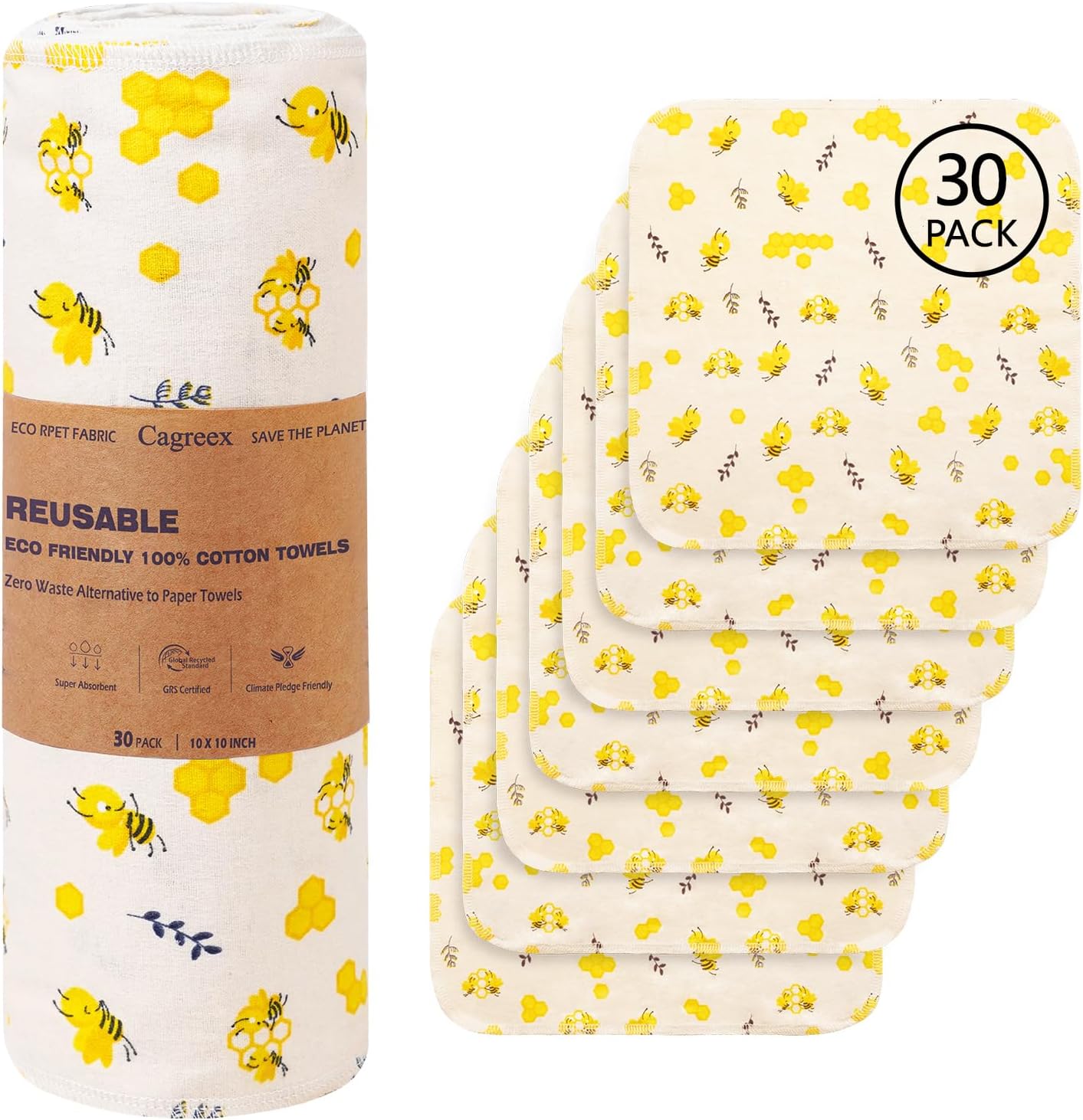 Reusable Dishcloths Kitchen Towels Cotton: 30 Packs 10X10 Washable Roll Paperless Paper Towels Absorbent Dishcloths Set Dish Tea Towel for Kitchen Drying (30Daisy, 10×10")