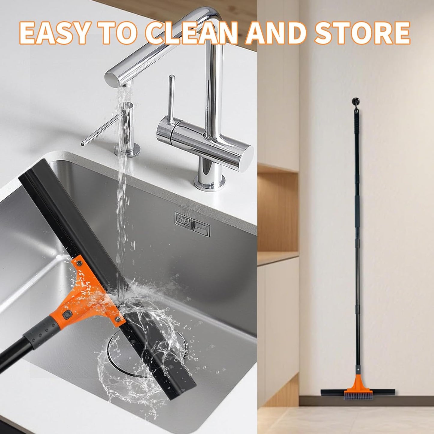 Floor Squeegee for Concrete Floor,Heavy Duty Shower Garage Floor Squeegee Broom with Scrubber Brush and 62" Long Handle for Bathroom Tile,Garage, Deck,Pool,Outdoor Floors,16 Inch,Orange