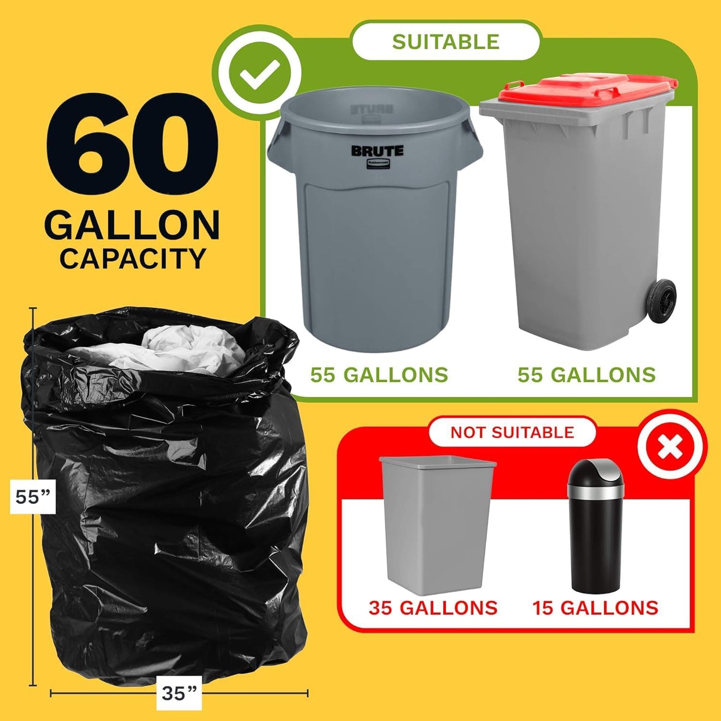 ToughBag 55 Gallon Contractor Trash Bags, 2 Mil Thick (30 Count) - Heavy Duty Drum Liners, Industrial & Commercial Black Garbage Bags - Made in USA
