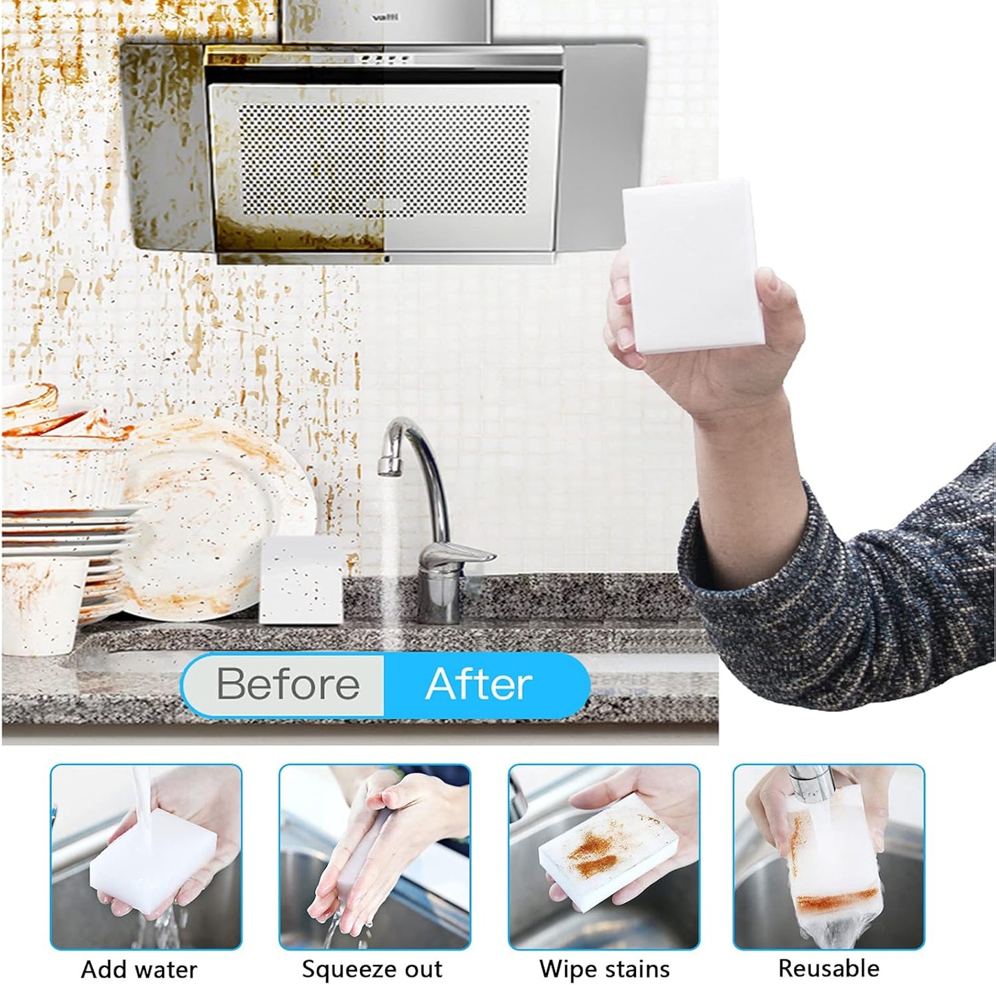 100Pack Magic Sponge Eraser | Premium Melamine Sponge Foam | Multi-Functional Household Cleaning Sponge for Kitchen, Sink, Bathrooms, Walls, Vehicles, Shoes | No Scratch Cleaning Pads