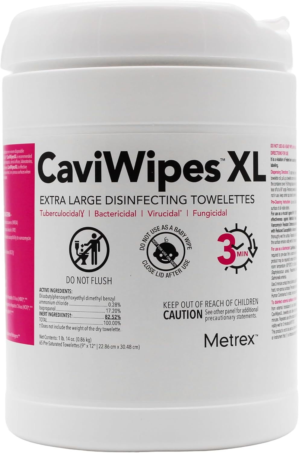 Metrex CaviWipes1 XL Surface Disinfectant Towelettes – Durable Non-Woven Disinfecting Wipes for Hard, Non-Porous Surfaces, Pre-Saturated with CaviCide1 – 9" x 12", 65 Wipes per Canister (Pack of 1)