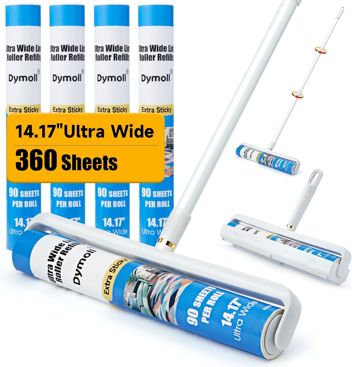 Dymoll 14.17" Large Lint Rollers for Pet Hair Extra Sticky, 360 Sheets Roller with Long Handle for Cleaning Carpets, Clothing, Couch, Furniture Wall Cleaner Mop Dust Remover